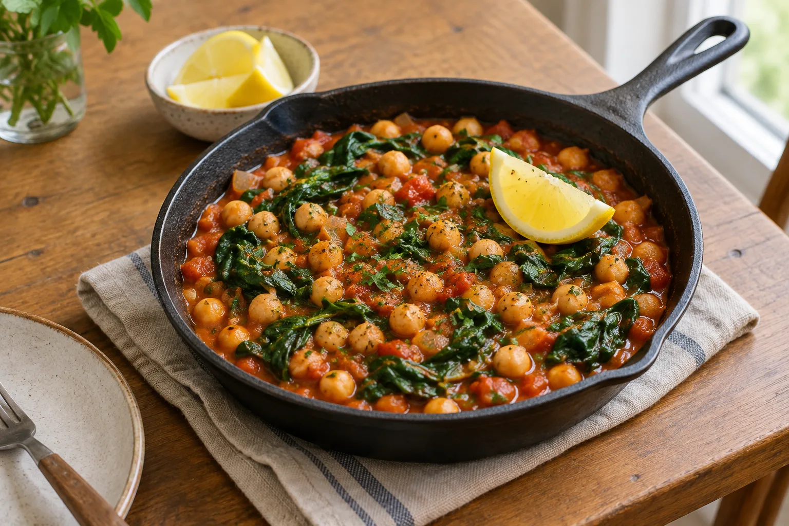 Poêlée de pois chiches à la tomate et aux épinards, accompagnée d’un quartier de citron.